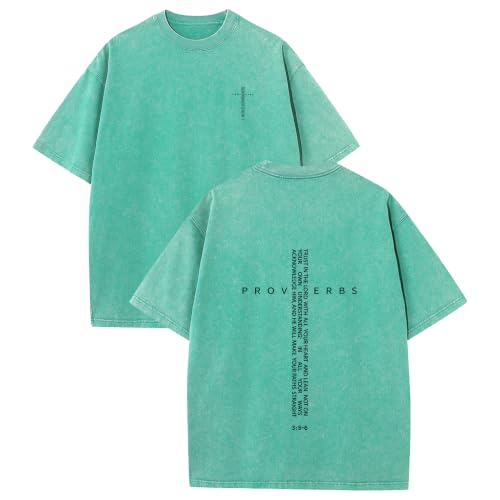 Proverbs 3:5-6 Faith Oversized T Shirt Vintage Acid Wash Double Sided Christian Graphic Tee - color: Aqua Green, size: Large