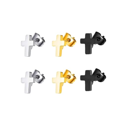 3 Pairs Minimalist Cross Stud Earrings Black Silver Gold Stainless Steel Tiny Cross Earring Set for Women and Men
