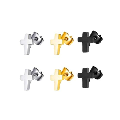 3 Pairs Minimalist Cross Stud Earrings Black Silver Gold Stainless Steel Tiny Cross Earring Set for Women and Men