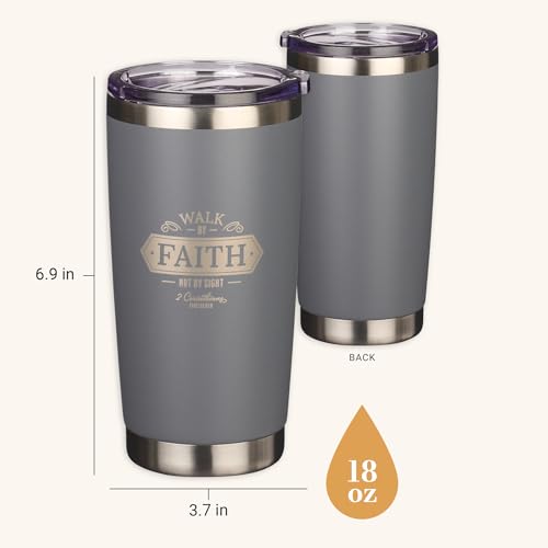 Christian Art Gifts Stainless Steel Vacuum Insulated Travel Mug 18 oz - color: Gray/Walk by Faith