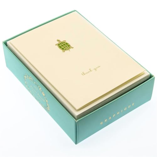 Graphique Turtle La Petite Presse Boxed Thank You Notes - 10 Embossed and Embellished Gold Foil Turtle Thank You Cards with Matching Envelopes, 3.25" x 4.75" - color: Turtle