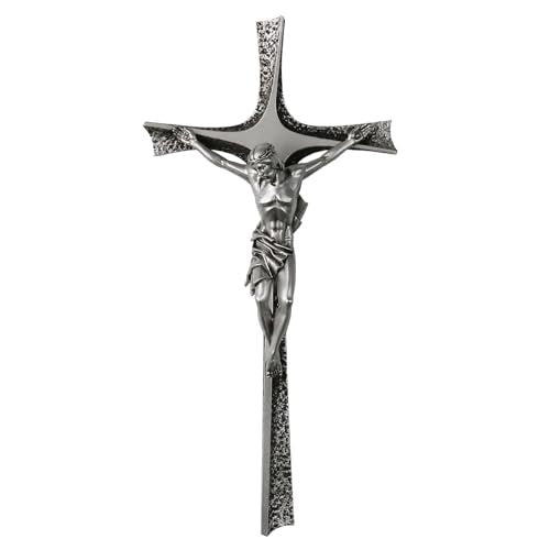 ShineOnAngel Crucifix Wall Cross, 12 Inch Silver Color Durable Resin Wall Crucifix Modern Home Decor, Hand Painted Antique Style Jesus Cross for Wall Religious Housewarming Gifts - color: Silver
