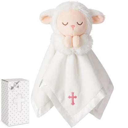 Lamb Baptism Blanket, Lamb Loveys Baptism Gifts for Baby Girls - color: White Lamb Pink Cross