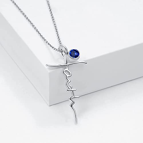 PRAYMOS Faith Cross Necklace for Women 925 Sterling Silver Pendant Necklace With Birthstone Initial Christian Religious Confirmation Baptism Mothers Day Gifts - color: 2-Silver September(Sapphire)