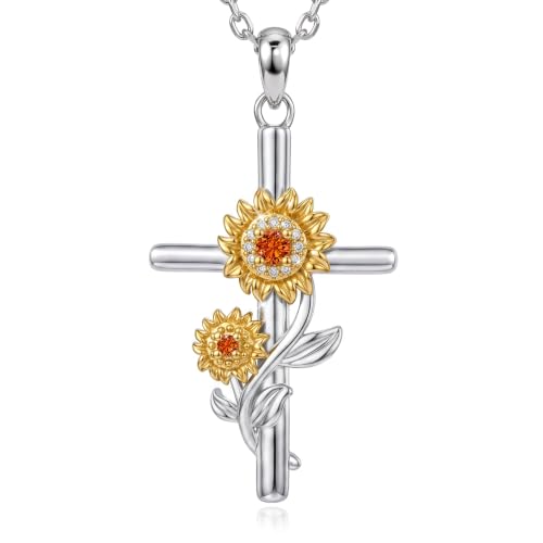 Distance Cross Necklace for Women 925 Sterling Silver Jewelry Pendant Necklace for Mom Wife Gift for Mother's Day or Birthday - style: Two Sunflower Cross Necklace