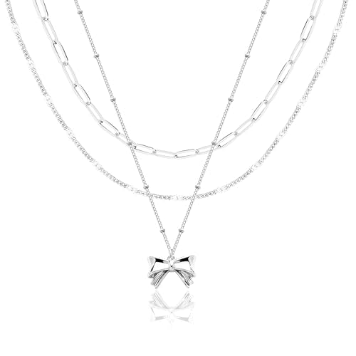 Poxtex Layered Gold Necklaces for Women, Stackable Dainty 14K Gold Silver Plated Trendy Simple Heart Diamond Cross Bow Circle Pendant Paperclip Choker Dot Chain Necklace,Jewelry Set Gifts for Women - color: Silver, style: Bow1