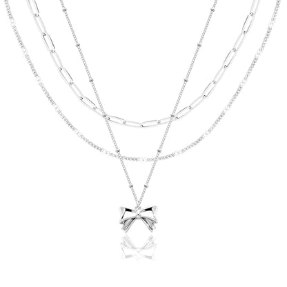 Poxtex Layered Gold Necklaces for Women, Stackable Dainty 14K Gold Silver Plated Trendy Simple Heart Diamond Cross Bow Circle Pendant Paperclip Choker Dot Chain Necklace,Jewelry Set Gifts for Women - color: Silver, style: Bow1