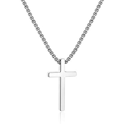 Ursteel Cross Necklace for Men, Silver Black Gold Stainless Steel Cross Pendant Necklace for Men, 16-30 Inches Box Chain - size: 24 inches, style: Silver: Cross Pendant 1.2"*0.7"