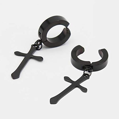 Non-pierced Earrings Set for Men Women Cross Titanium Steel Hoop Dangle Clip On Earring - style: set of black 2