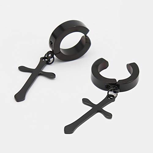 Non-pierced Earrings Set for Men Women Cross Titanium Steel Hoop Dangle Clip On Earring - style: set of black 2