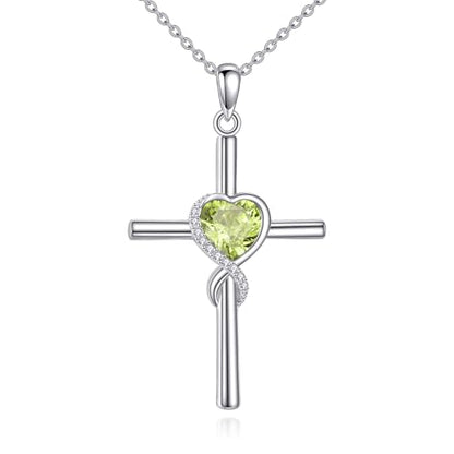 S925 Sterling Silver Cross Necklace for Women Birthstone Necklace Heart Infinity Cross Pendant Necklace Christmas Valentines Day Gifts Birthday Holiday Gifts for Her, 18"+2" Inches - color: 08-Aug Birthstone - Peridot