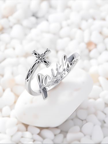 Cross Rings Faith Ring 925 Sterling Silver Adjustable Cross Wrap Ring Christian Fashion Band for Women - color: C-White Gold