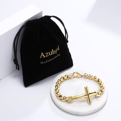 Christian Stainless Steel Cross Link Silver Black Gold Men's Bracelet, Religious Jewelry Bracelet for Men Women with Lobster Clasp - color: Gold, size: 8.86 inches