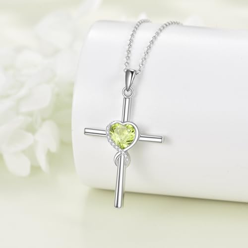S925 Sterling Silver Cross Necklace for Women Birthstone Necklace Heart Infinity Cross Pendant Necklace Christmas Valentines Day Gifts Birthday Holiday Gifts for Her, 18"+2" Inches - color: 08-Aug Birthstone - Peridot