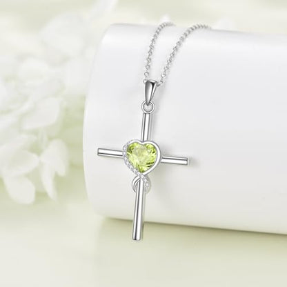 S925 Sterling Silver Cross Necklace for Women Birthstone Necklace Heart Infinity Cross Pendant Necklace Christmas Valentines Day Gifts Birthday Holiday Gifts for Her, 18"+2" Inches - color: 08-Aug Birthstone - Peridot