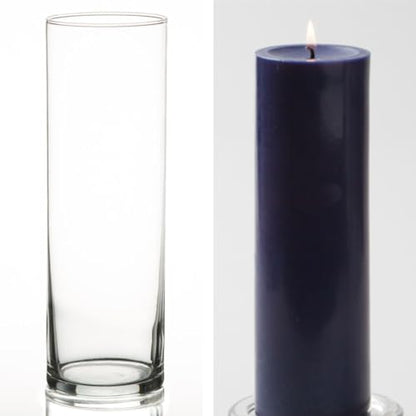 12 Eastland Glass Cylinder Vases 10.5" and 12 Navy Blue Richland Pillar Candles 9" - color: Navy Blue, size: 9"