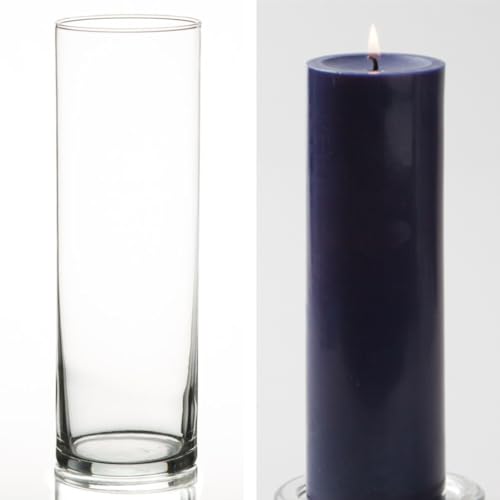 12 Eastland Glass Cylinder Vases 10.5" and 12 Navy Blue Richland Pillar Candles 9" - color: Navy Blue, size: 9"