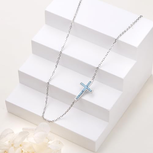DAOCHONG S925 Sterling Silver Sideways Cross Choker Necklace 14+4 Inch - color: Silver-Created Turquoise