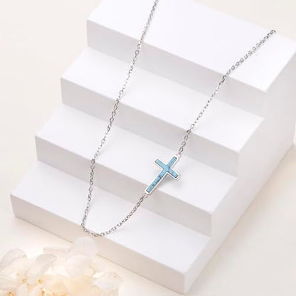 DAOCHONG S925 Sterling Silver Sideways Cross Choker Necklace 14+4 Inch - color: Silver-Created Turquoise