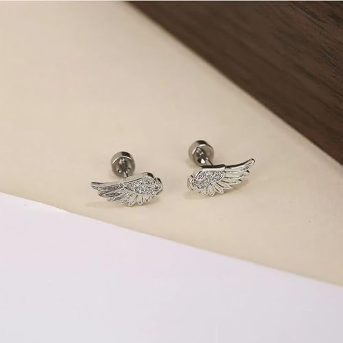 Angel Wing Earrings for Women Statement Flat Back Cartilage Stud Earrings Trendy Angel Wing Helix Piercing Stud Silver Cubic Zirconia Earring Jewelry Accessories - color: Silver