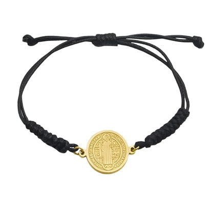 925 Sterling Silver San Benito Bracelet For Women And Men, Catholic Multicolor Bracelet St. Benedict Medal Hand Knitted Knot Coin Beaded Adjustable Religious Prayer Faith - color: Black Gold - San Benito Bracelet