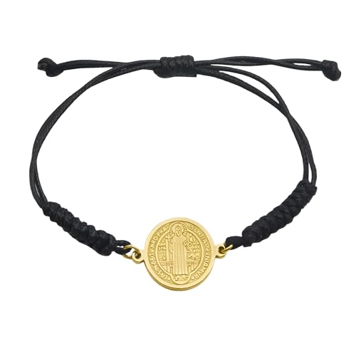 925 Sterling Silver San Benito Bracelet For Women And Men, Catholic Multicolor Bracelet St. Benedict Medal Hand Knitted Knot Coin Beaded Adjustable Religious Prayer Faith - color: Black Gold - San Benito Bracelet