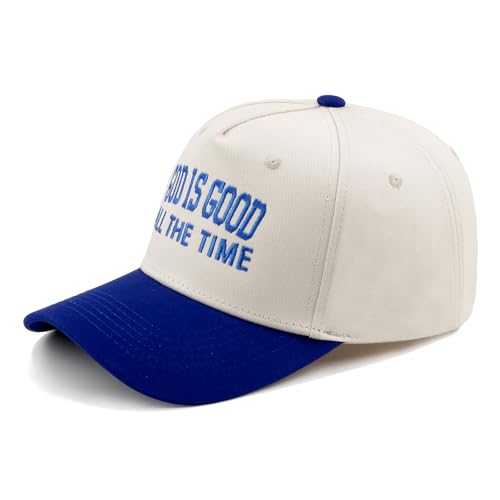 Embroidered Christian Two-Tone Baseball Cap for Men & Women, Adjustable Dad Hat Christmas Easter Gift - color: God is Good All the Time, Navy Blue/Beige