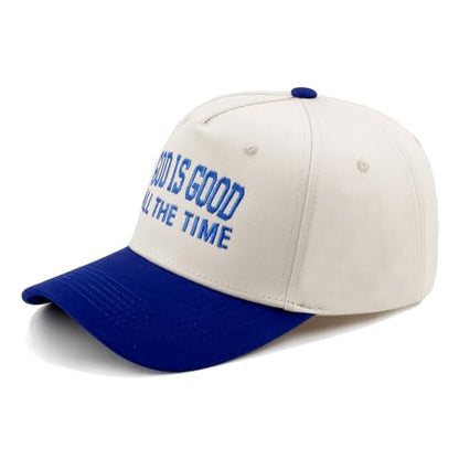 Embroidered Christian Two-Tone Baseball Cap for Men & Women, Adjustable Dad Hat Christmas Easter Gift - color: God is Good All the Time, Navy Blue/Beige