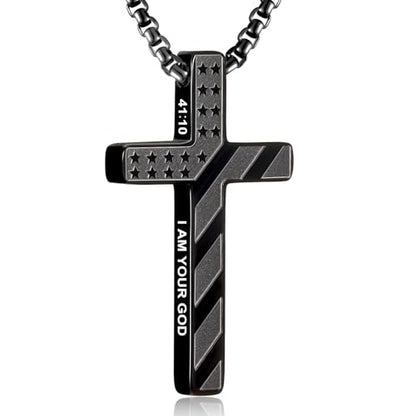 RWQIAN American Flag Cross Necklace for Men,Stainless Steel Bible Verse Cross Pendant Mens Chain,Crucifix Necklace for Christians Teen Baptism Gift Ideas Catholic Men Cool Stuff Personalized Gifts - color: Black, style: Isaiah 41:10