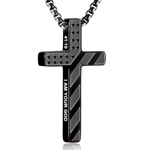 RWQIAN American Flag Cross Necklace for Men,Stainless Steel Bible Verse Cross Pendant Mens Chain,Crucifix Necklace for Christians Teen Baptism Gift Ideas Catholic Men Cool Stuff Personalized Gifts - color: Black, style: Isaiah 41:10