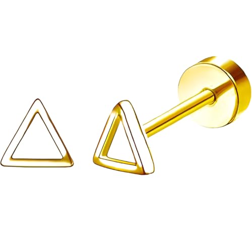 Stainless Steel Stud Earring 1 Pair Gold Small Flatback Earrings Helix Hypoallergenic Flat Back Jewellery Dainty Screwback Tiny Jewelry for Sensitive Ears Women Ladies Aretes De Mujer - style: Triangle
