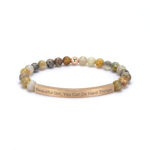 Inspirational Christian Bracelet for Women, Bamboo Leaf Agate Beaded Bible Verse Jewelry, 18K Gold Plated Religious Faith Gift, Scripture Encouragement Jewelry for Her - color: Beautiful G, You Can Do Hard Things.-Bamboo Rose Gold