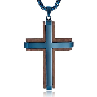 Wooden Cross Necklace for Men With Stainless steel And Black Ebony Adjustable Box Chain 24–26 inches Suitable for Everyday Wear And Christian Gifts for Men - color: Blue