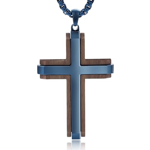 Wooden Cross Necklace for Men With Stainless steel And Black Ebony Adjustable Box Chain 24–26 inches Suitable for Everyday Wear And Christian Gifts for Men - color: Blue