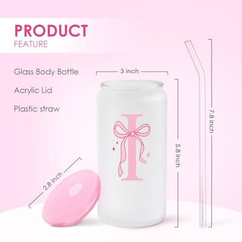 Monogrammed Glass Drinking Can Cup with Acrylic Lid and Straw, Personalized Frosted Iced Coffee Tumbler 16oz, Monogram Initial Gifts for Women Girls on Birthday (I) - color: I
