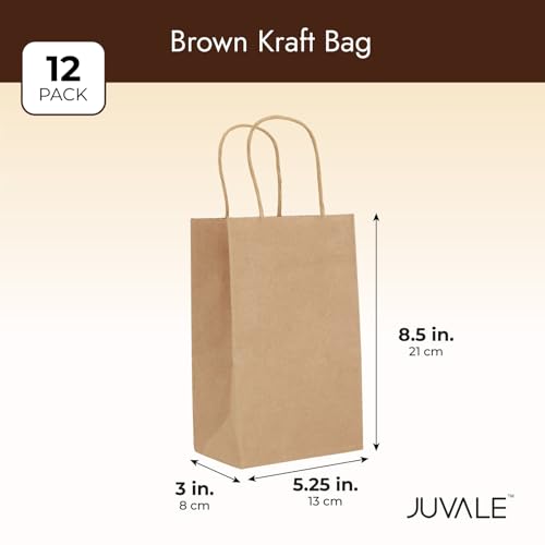 Juvale Mini Gift Bags with Handles - Brown Paper Party Favor Bags with Handles - Long & Narrow Design for DIY & Craft Fairs - 3 x 5.25 x 8.5 In, Brown, 12 Pack - style: Medium