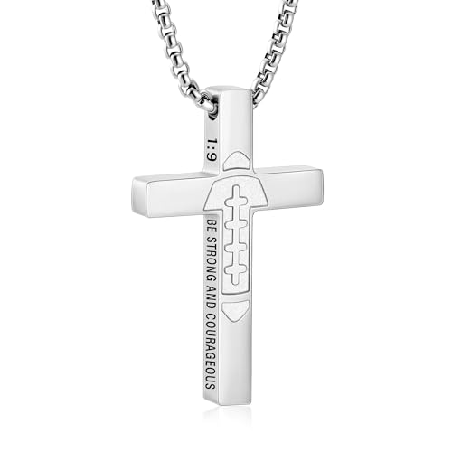 Football Game Day Cross Necklace for Boys Men, Stainless Steel Bible Verse Cross Pendant Chain Sports Gear Stuff Christian Religious Jewelry Gifts - color: Silver, style: Joshua 1:9