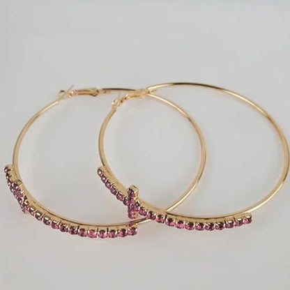 Large Cross Hoop Earrings for Women Sparkly Rhinestone Statement Jewelry for Prom Wedding Party Night Out Accessories Shiny Silver Tone Fashion Dangle Earings - color: Pink