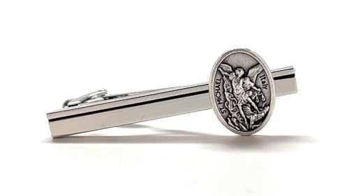 Saint Michael Silver Tie Clip – Archangel Michael Religious Tie Bar for Men, Catholic Christian Gift