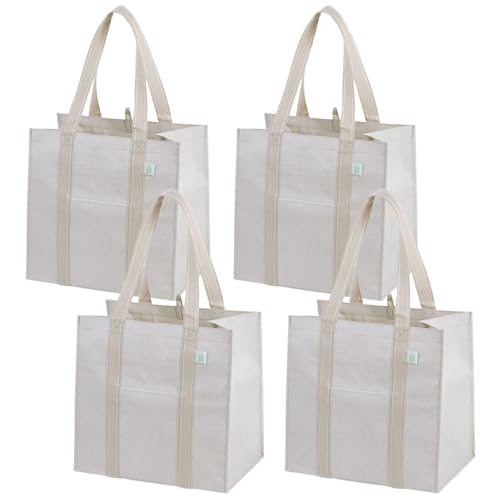 VENO 4 Pack Large Grocery Bag Reusable Shopping Bags with Hard Bottom - color: Beige
