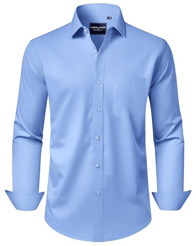 Alimens & Gentle Men's Dress Shirts Long Sleeve Wrinkle-Free Stretch Shirts Solid Formal Button Down Shirt with Pocket - color: Blue, size: X-Large