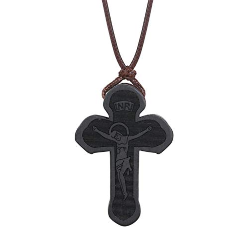 COTTVOTT Wood Orthodox Cross Pendant Necklace Christian Crucifix Necklace Prayer Jesus for Women Men - style: A-Black Color