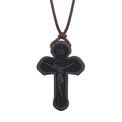 COTTVOTT Wood Orthodox Cross Pendant Necklace Christian Crucifix Necklace Prayer Jesus for Women Men - style: A-Black Color