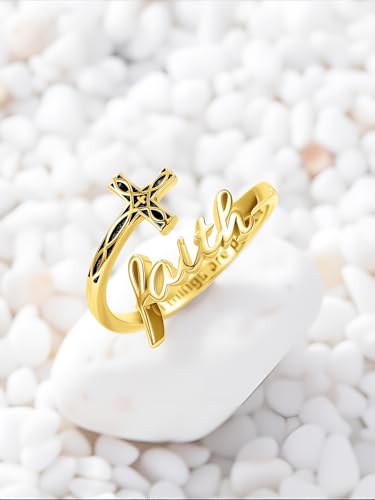 Cross Rings Faith Ring 925 Sterling Silver Adjustable Cross Wrap Ring Christian Fashion Band for Women - color: C-Yellow Gold