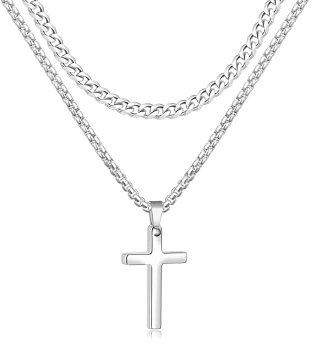 Fiusem 2 Pcs Cross Necklace Chain for Men and Women, Layered Mens Cross Necklaces Stainless Steel Pendant Cuban Link Rope Chain 16-26 Inch, Jewelry Gift - size: 24in/26in, style: Box & Cuban Small Silver Cross (1.2" * 0.7")