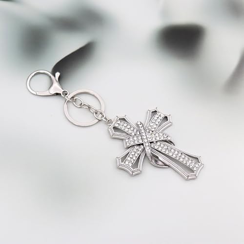 TTYY Stylish Rhinestone Cross Keychain - Sparkling Christian Car Key Ring for Women Men,Religious Gift for Purse Backpack Bag - color: Silver
