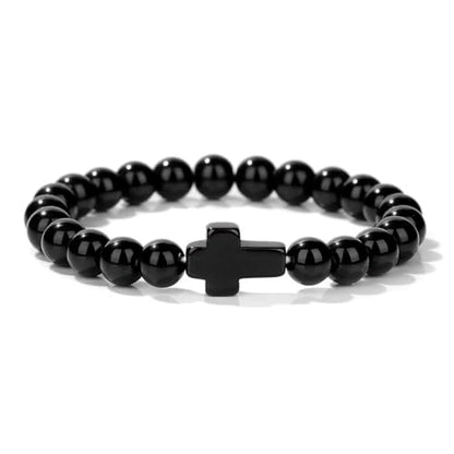 8mm Gemstone Cross Bracelet for Women Men – Stretch Beaded Faith Bracelet with Sideways Cross (Multiple Colors) - style: Black Agate