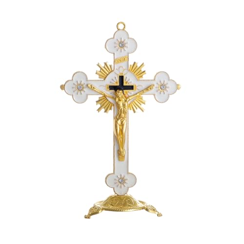 KOMI 5 Inch Catholic Metal Jesus Cross Standing, White Crucifix for Home Decoration, Table Crucifix Religious Gift - color: white-gold