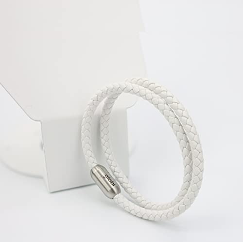 globi Leather Bracelet For Men | Genuine Wrap Braided Leather Cuff Bangle Bracelet with Magnetic Stainless Steel Clasp For Men/Women - color: White