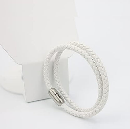 globi Leather Bracelet For Men | Genuine Wrap Braided Leather Cuff Bangle Bracelet with Magnetic Stainless Steel Clasp For Men/Women - color: White